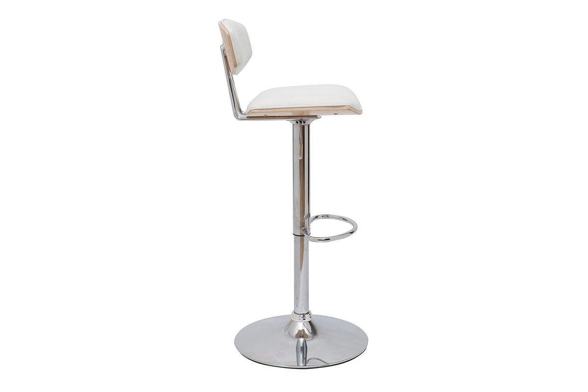 Tabouret de bar design blanc, bois clair et chrome, vue de profil.