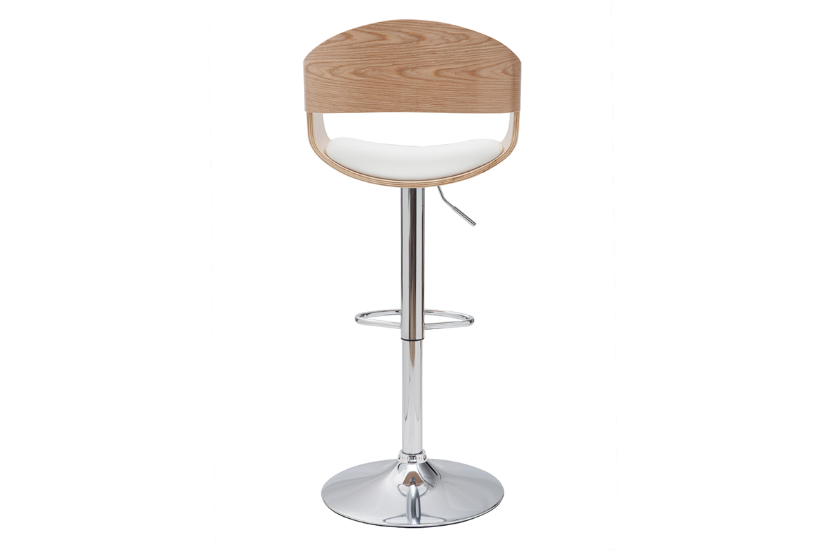 Tabourets de bar design r�glables en polyur�thane blanc et bois clair (lot de 2) EUSTACHE