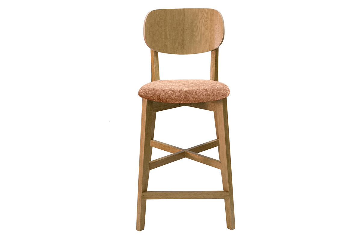 Tabourets de bar en bois clair ch�ne et tissu effet velours terre br�l�e H65 cm (lot de 2) LUCIA