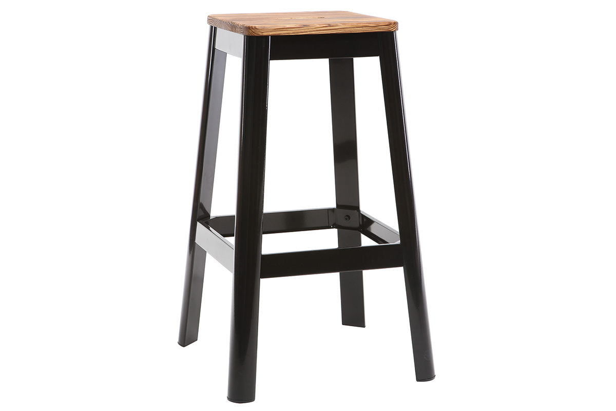 Tabourets de bar industriels en m�tal noir et bois H75 cm (lot de 2) NICK