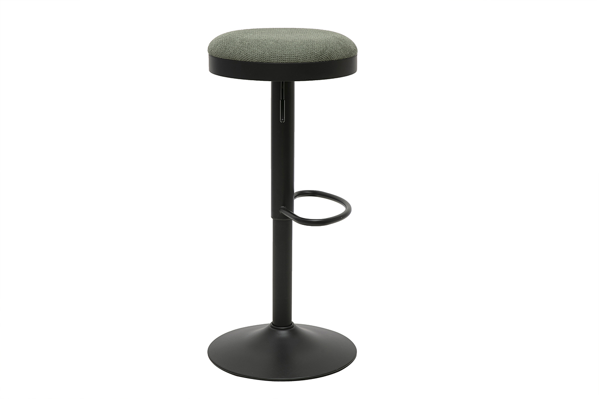 Tabouret de bar r�glable en tissu chenille vert kaki et m�tal noir, vue de profil.