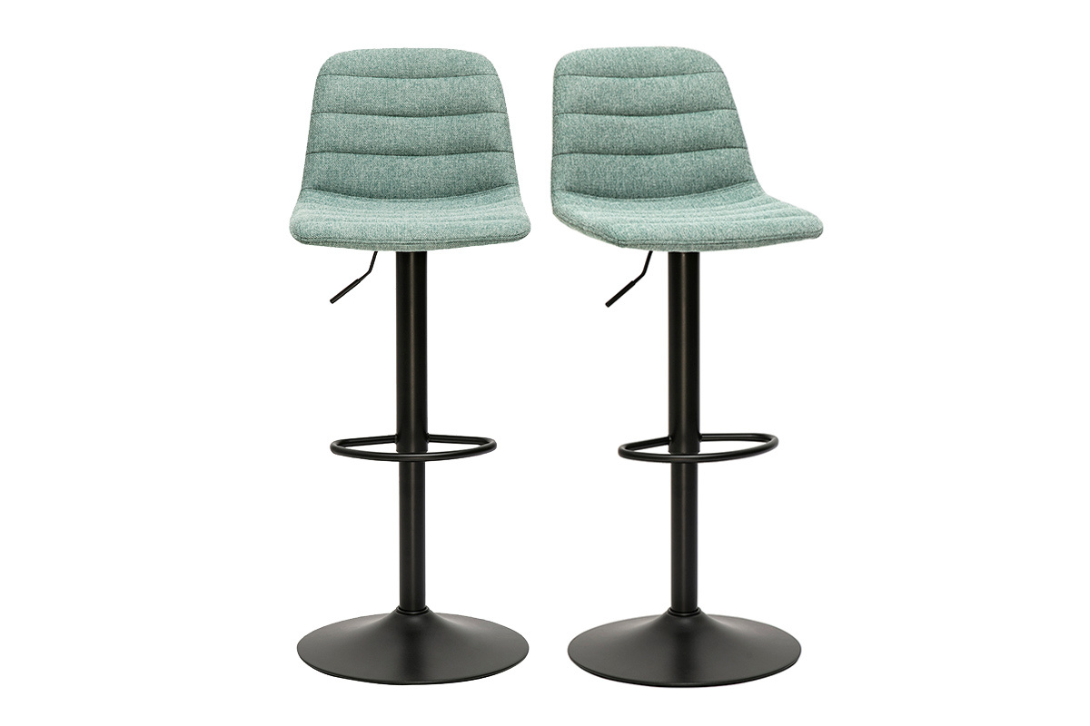 Deux tabourets de bar r�glables c�ladon avec pieds en m�tal noir, vue de face.
