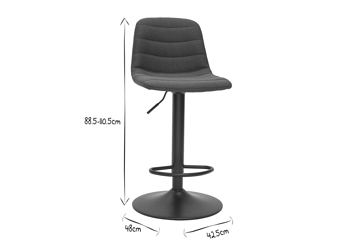 Tabourets de bar r�glables pivotants 360� tissu et m�tal gris fonc� (lot de 2) SAURY