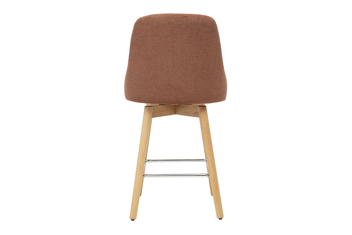 Tabouret de bar scandinave pivotant en tissu chenille terre br�l�e, vue de dos avec pi�tement en bois h�tre.